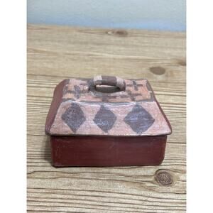 Handcrafted Terracotta Trinket Box VTG Style Geo Lid Clay Storage Rustic Decor